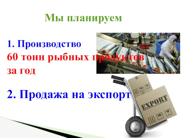 Мы планируем 1. Производство 60 тонн рыбных продуктов за год 2. Продажа на экспорт