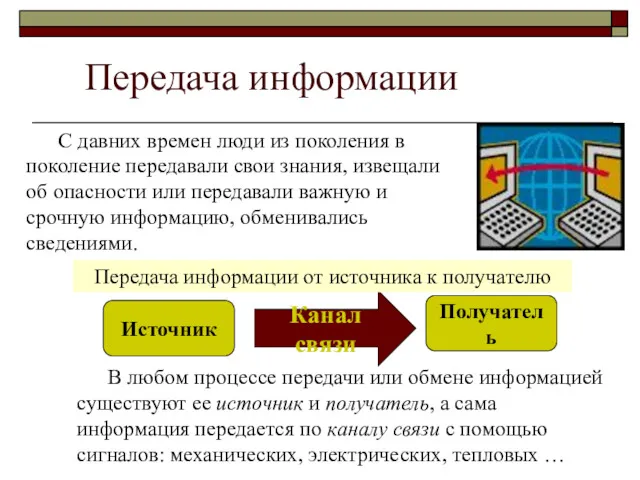 Передача информации В любом процессе передачи или обмене информацией существуют