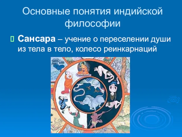 Основные понятия индийской философии Сансара – учение о переселении души из тела в тело, колесо реинкарнаций