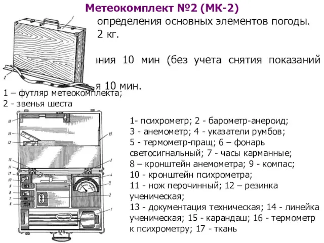 Метеокомплект №2 (МК-2) предназначен для определения основных элементов погоды. Масса