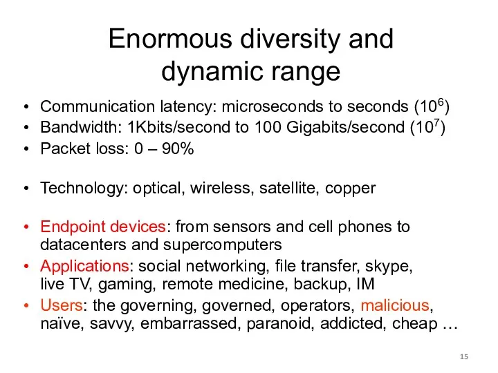 Enormous diversity and dynamic range Communication latency: microseconds to seconds (106) Bandwidth: 1Kbits/second