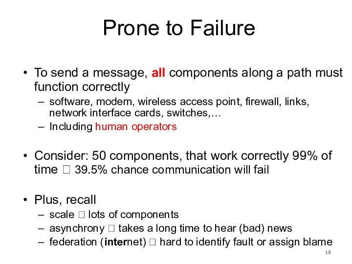 Prone to Failure To send a message, all components along a path must