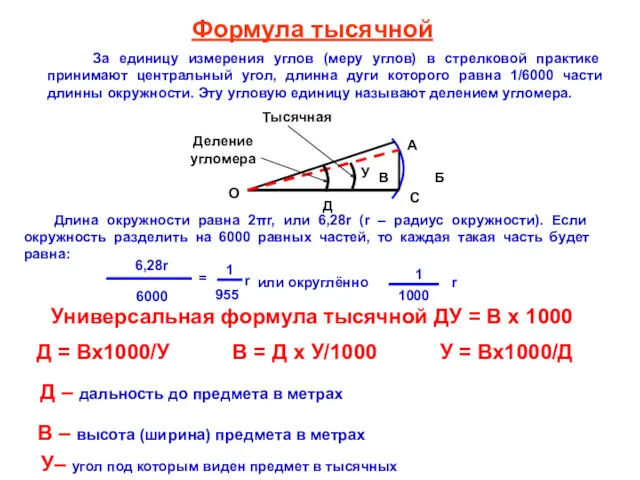 Формула тысячной За единицу измерения углов (меру углов) в стрелковой
