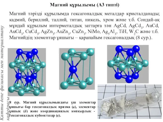 Магний құрылымы (А3 типті) Магний тәрізді құрылымда гексагоналдық металдар кристалданады;