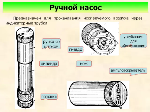 Ручной насос Предназначен для прокачивания исследуемого воздуха через индикаторные трубки