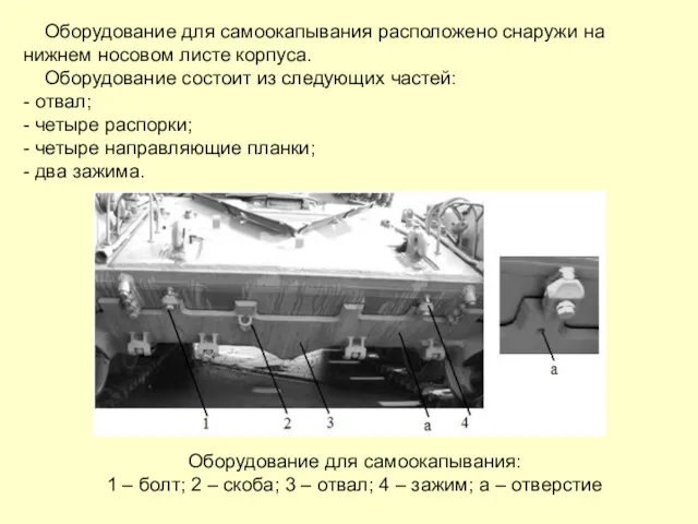 Оборудование для самоокапывания расположено снаружи на нижнем носовом листе корпуса.