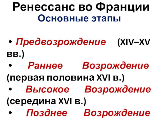 Ренессанс во Франции Основные этапы Предвозрождение (XIV–XV вв.) Раннее Возрождение