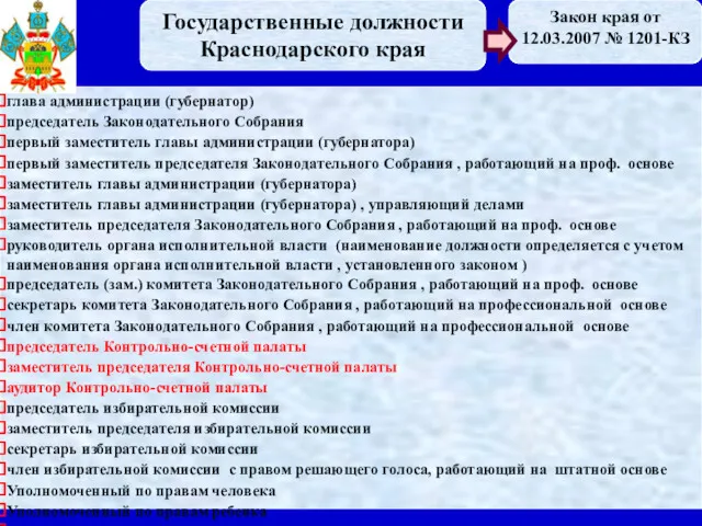 Государственные должности Краснодарского края глава администрации (губернатор) председатель Законодательного Собрания