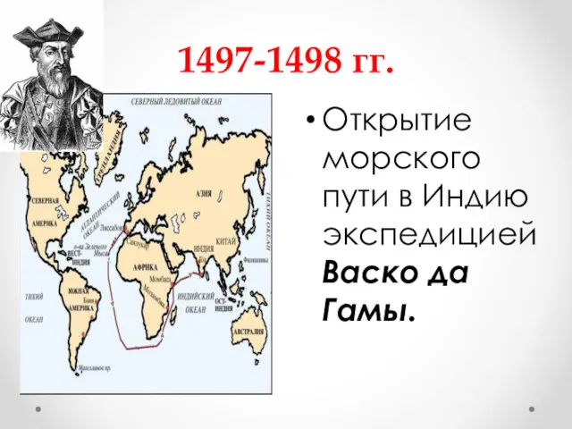 1497-1498 гг. Открытие морского пути в Индию экспедицией Васко да Гамы.