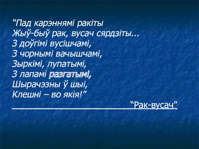 “Пад карэннямі ракіты Жыў-быў рак, вусач сярдзіты... З доўгімі вусішчамі,