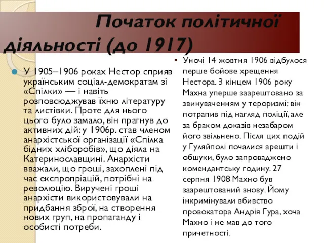 Початок політичної діяльності (до 1917) У 1905–1906 роках Нестор сприяв