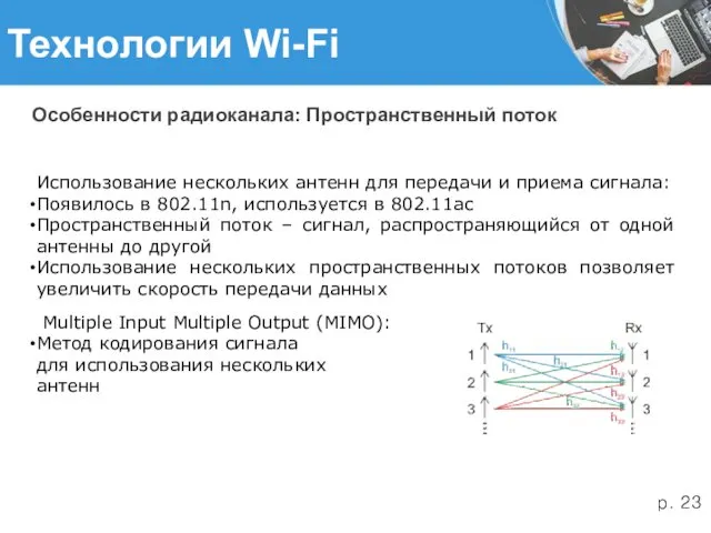 Технологии Wi-Fi Особенности радиоканала: Пространственный поток Использование нескольких антенн для