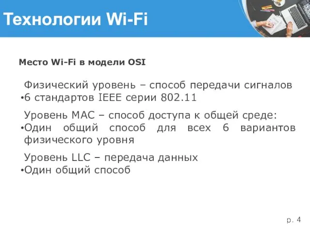 Технологии Wi-Fi Место Wi-Fi в модели OSI Физический уровень –