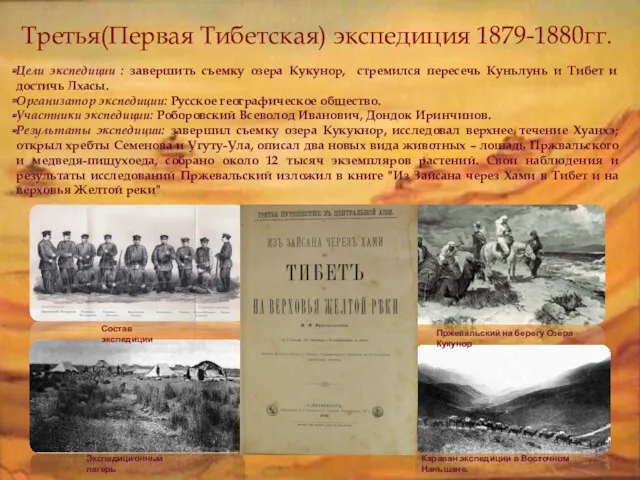 Третья(Первая Тибетская) экспедиция 1879-1880гг. Цели экспедиции : завершить съемку озера Кукунор, стремился пересечь