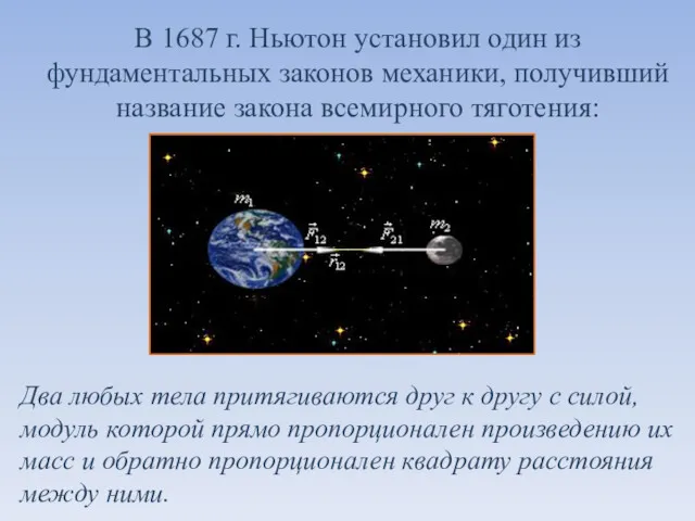 В 1687 г. Ньютон установил один из фундаментальных законов механики,