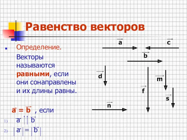 Равенство векторов Определение. Векторы называются равными, если они сонаправлены и