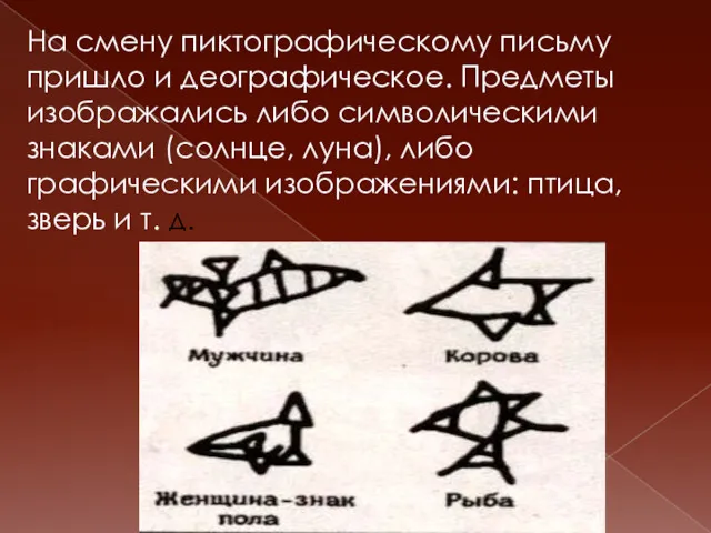 На смену пиктографическому письму пришло и деографическое. Предметы изображались либо