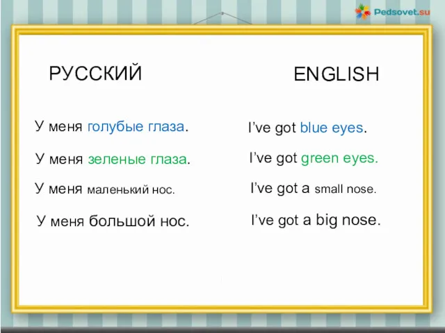 ENGLISH I’ve got blue eyes. I’ve got green eyes. РУССКИЙ