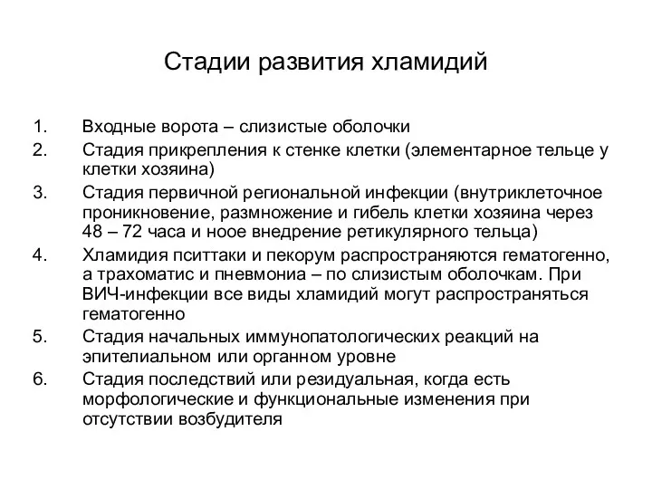 Стадии развития хламидий Входные ворота – слизистые оболочки Стадия прикрепления