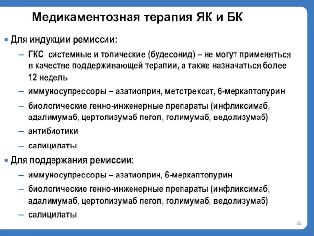 Медикаментозная терапия ЯК и БК Для индукции ремиссии: ГКС системные и топические (будесонид)