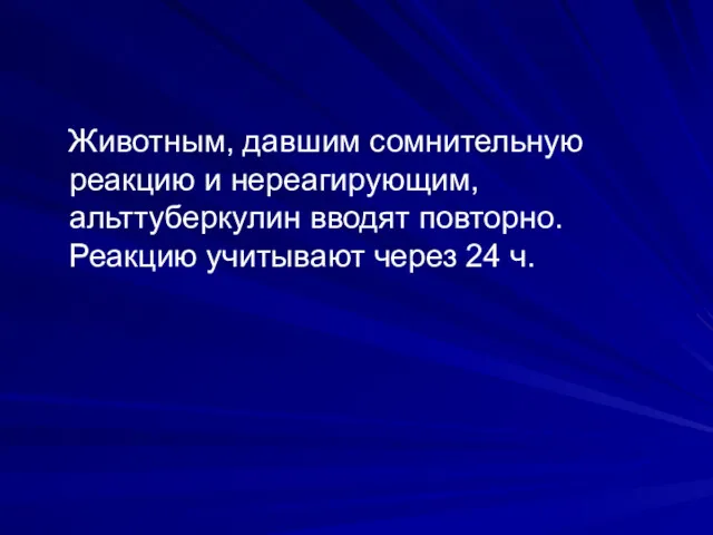 Животным, давшим сомнительную реакцию и нереагирующим, альттуберкулин вводят повторно. Реакцию учитывают через 24 ч.