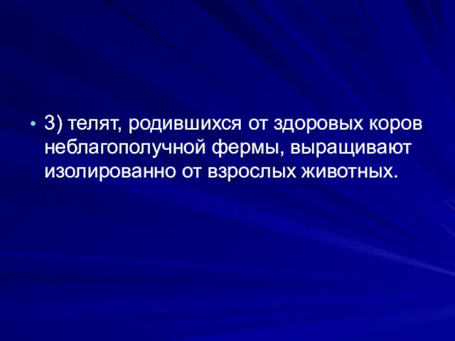 3) телят, родившихся от здоровых коров неблагополучной фермы, выращивают изолированно от взрослых животных.