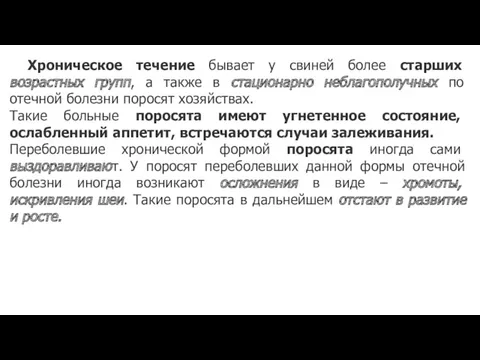 Хроническое течение бывает у свиней более старших возрастных групп, а