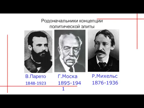 Родоначальники концепции политической элиты В.Парето 1848-1923 Г.Моска 1895-1941 Р.Михельс 1876-1936