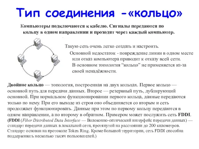 Тип соединения -«кольцо» Компьютеры подключаются к кабелю. Сигналы передаются по