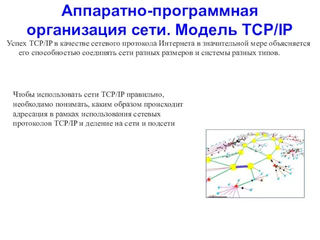 Аппаратно-программная организация сети. Модель TCP/IP Успех TCP/IP в качестве сетевого