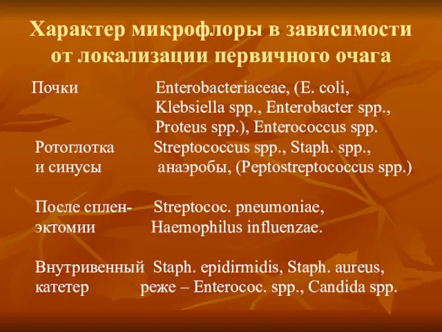 Характер микрофлоры в зависимости от локализации первичного очага Почки Enterobacteriaceae,