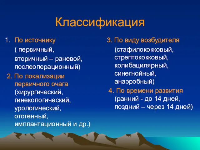 Классификация По источнику ( первичный, вторичный – раневой, послеоперационный) 2. По локализации первичного