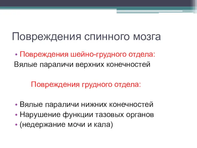 Повреждения спинного мозга Повреждения шейно-грудного отдела: Вялые параличи верхних конечностей