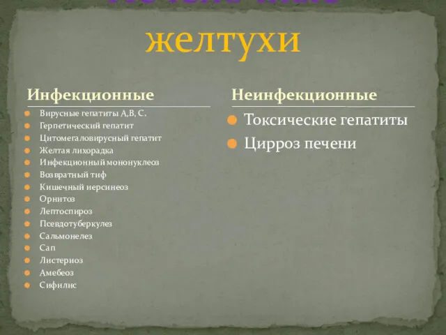 Инфекционные Вирусные гепатиты А,В, С. Герпетический гепатит Цитомегаловирусный гепатит Желтая