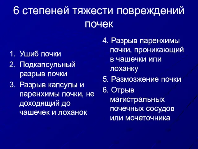 6 степеней тяжести повреждений почек Ушиб почки Подкапсульный разрыв почки Разрыв капсулы и