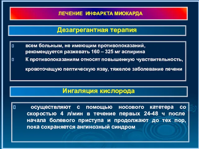 ЛЕЧЕНИЕ ИНФАРКТА МИОКАРДА всем больным, не имеющим противопоказаний, рекомендуется разжевать