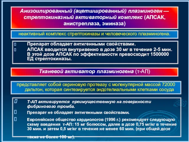 Препарат обладает антигенными свойствами. АПСАК вводится внутривенно в дозе 30