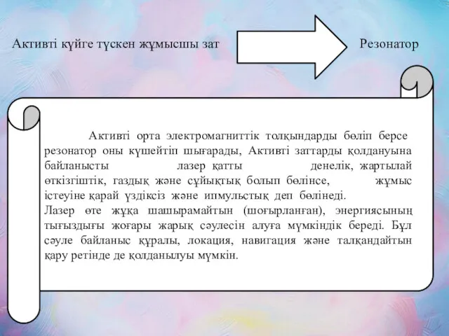 Активті күйге түскен жұмысшы зат Резонатор Активті орта электромагниттік толқындарды