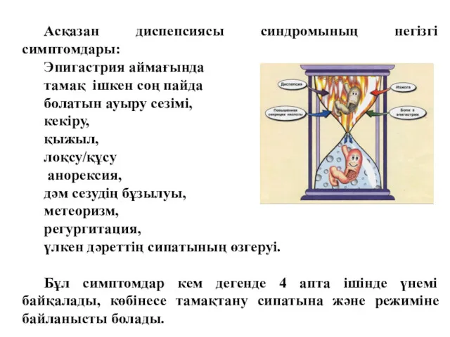 Асқазан диспепсиясы синдромының негізгі симптомдары: Эпигастрия аймағында тамақ ішкен соң