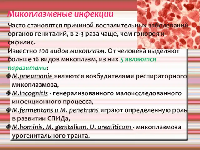 Микоплазменые инфекции Часто становятся причиной воспалительных заболеваний органов гениталий, в