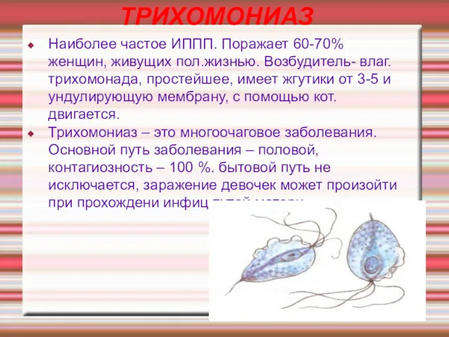 ТРИХОМОНИАЗ Наиболее частое ИППП. Поражает 60-70% женщин, живущих пол.жизнью. Возбудитель-