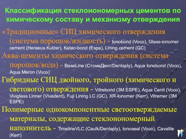 Классификация стеклоиономерных цементов по химическому составу и механизму отверждения «Традиционные»