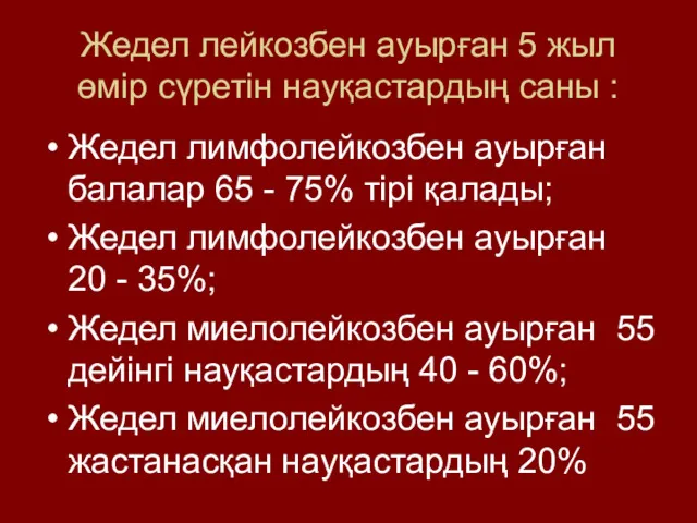 Жедел лейкозбен ауырған 5 жыл өмір сүретін науқастардың саны :