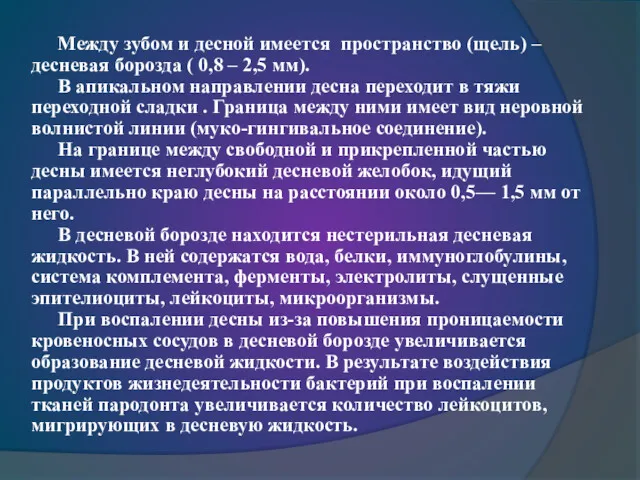 Между зубом и десной имеется пространство (щель) – десневая борозда