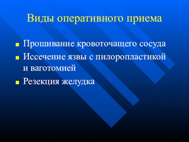 Виды оперативного приема Прошивание кровоточащего сосуда Иссечение язвы с пилоропластикой и ваготомией Резекция желудка