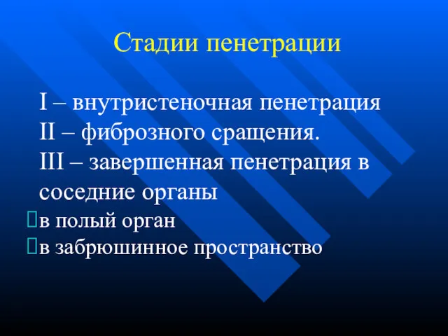 Стадии пенетрации I – внутристеночная пенетрация II – фиброзного сращения.