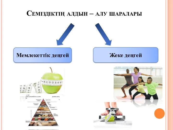 Семіздіктің алдын – алу шаралары Мемлекеттік деңгей Жеке деңгей