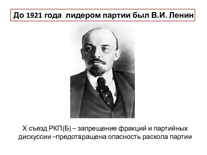 До 1921 года лидером партии был В.И. Ленин Х съезд РКП(Б) – запрещение
