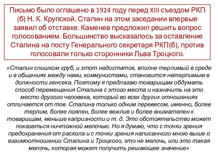 Письмо было оглашено в 1924 году перед XIII съездом РКП(б) Н. К. Крупской.