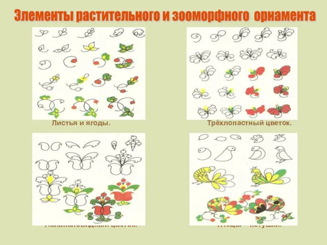 Листья и ягоды. Трёхлопастный цветок. Тюльпановидный цветок. Птицы – петушки. Элементы растительного и зооморфного орнамента